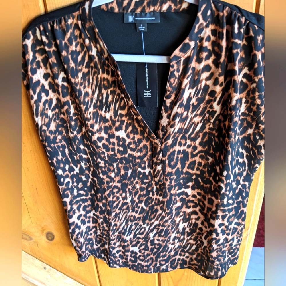 INC International Concepts INC Leopard Printed-Front Top, Capped Sleeve "V" (S)